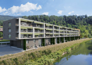 3D-Architekturvisualisierung-Modernes-Mehrfamilienhaus-am-Fluss